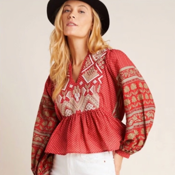 Anthropologie Tops - Red Anthropology Embroidered Shirt